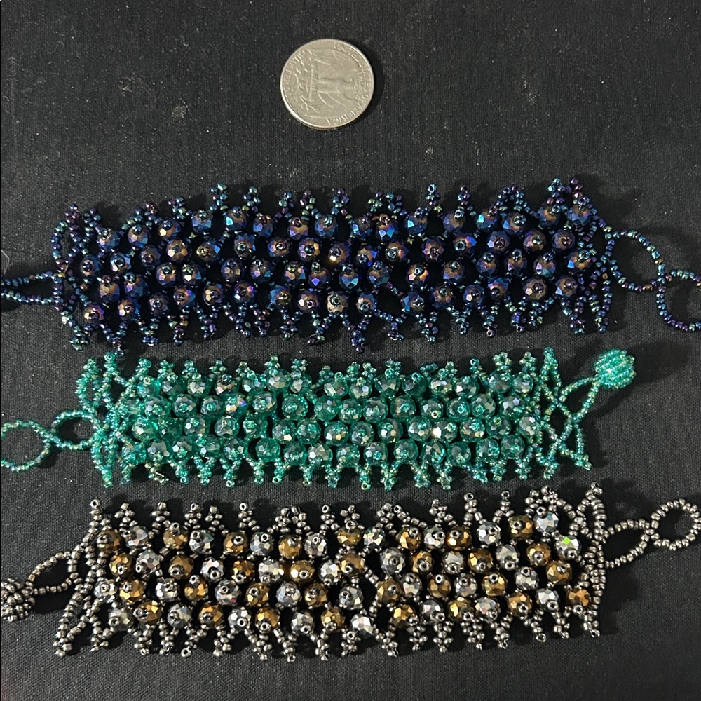 Handmade Beaded Bracelet Trio - Navy, Teal, Gold